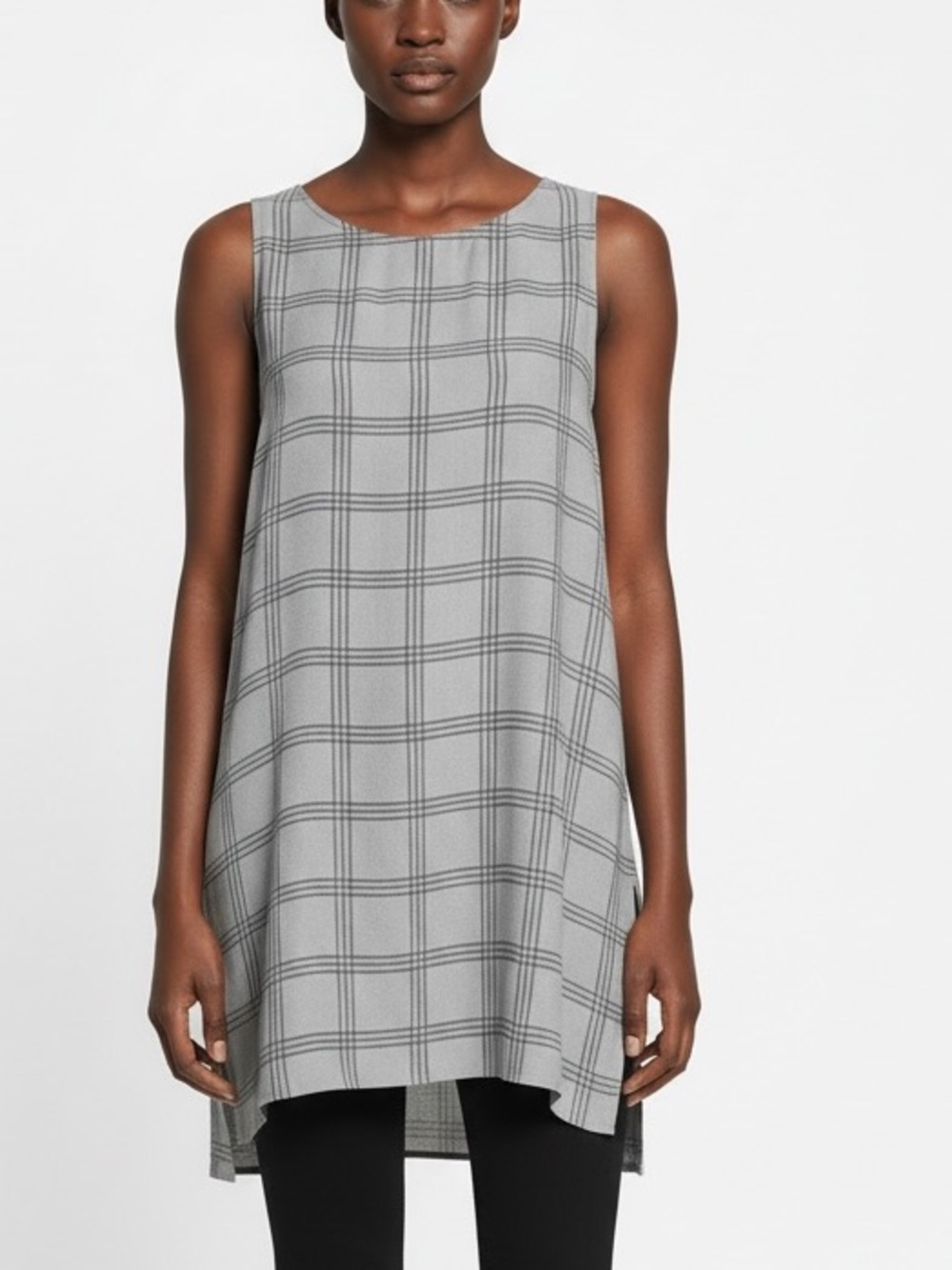 Eileen Fisher - Plaid Sleeveless Silk Georgette Crepe Gray Black Tunic - Medium